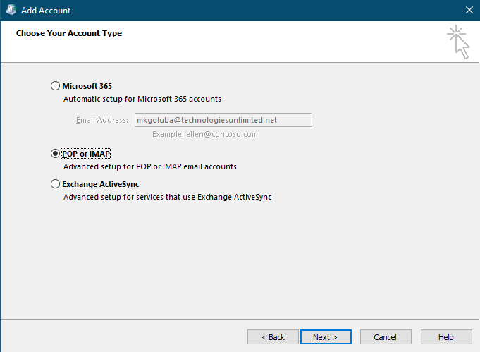 Choose account type screen POP or IMAP