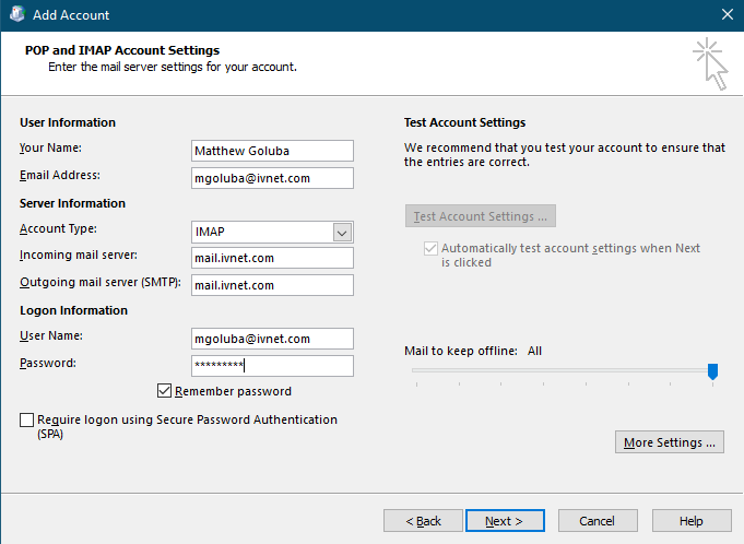 POP and IMAP account settings screen