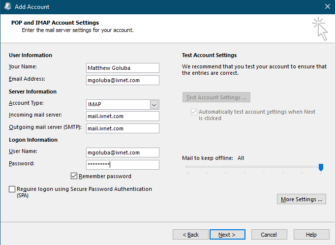 POP and IMAP account settings screen settings