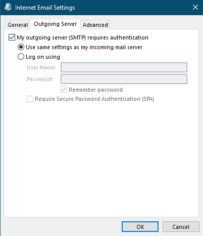 Internet email settings screen for outgoing server